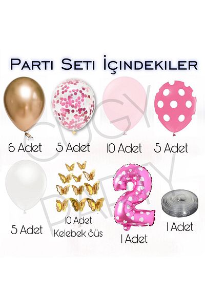 CUGY 2 Year Old Pink Heart Polka Dot Detail Butterfly Birthday Party Set