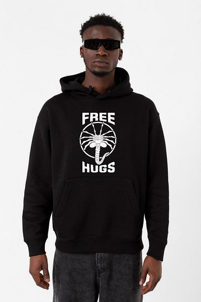Tshirthane Безплатен мъжки суитшърт с качулка Facehugger Hugs, черен, 3ip