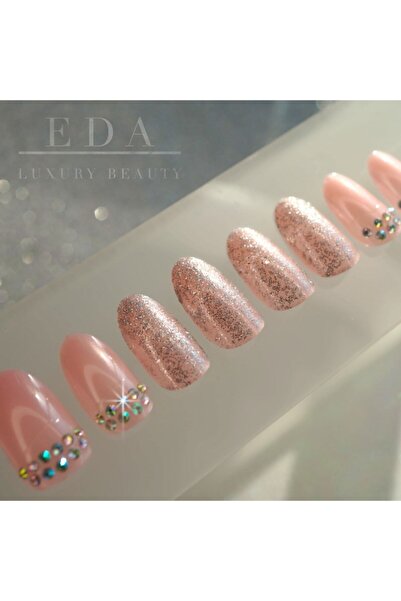 EDA LUXURY BEAUTY 24'lü Pembe Simli Takma Tırnak Lüks 3d Kristal Taşlı Parlak Desenli Uzun Oval Yuvarlak Nail Art Set