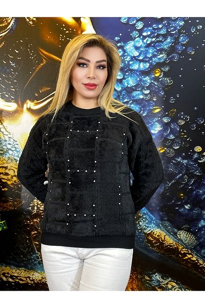 Yeşilmoda Wool Blouse Stoned Embroidered Lycra Greenfashion Brown and Black