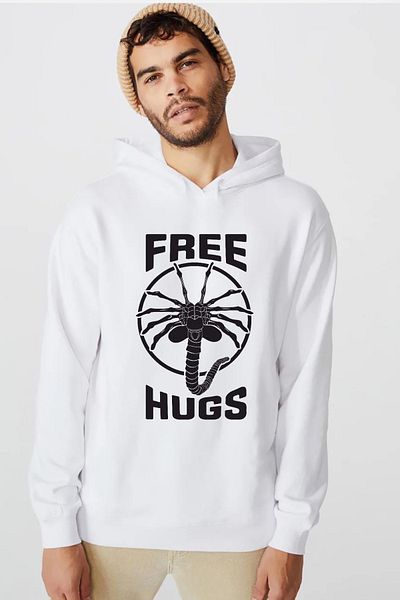 Tshirthane Δωρεάν Facehugger Hugs Λευκό ανδρικό φούτερ με κουκούλα 3 ιντσών