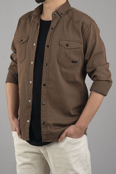 bombe Slim Fit Ανδρικό Εποχιακό Τζιν Πουκάμισο Milk Coffee