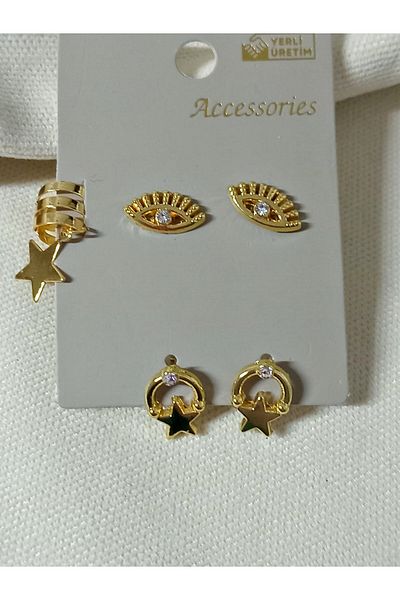 mos&more Gold Set of 5 Eye Cartilage Star Stylish Earrings