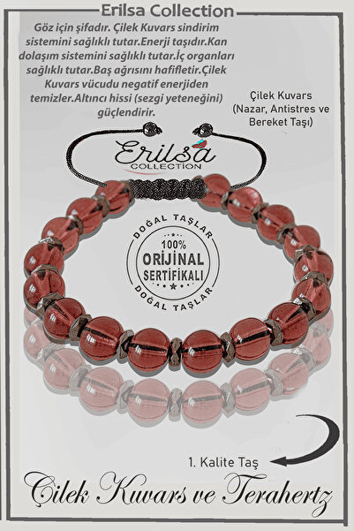 Erilsa Sertifikalı Gerçek Hematit - Çilek Kuvars Taşı Bileklik - Ayarlamalı