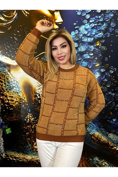 Yeşilmoda Wool Blouse Stoned Embroidered Lycra Greenfashion Brown and Black