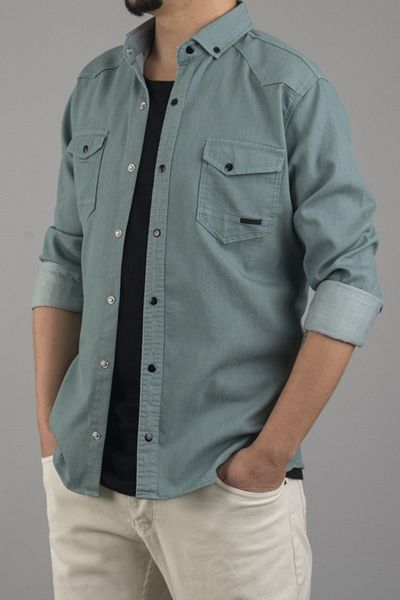 bombe Slim Fit Ανδρικό Εποχιακό Τζιν Πουκάμισο Μέντα