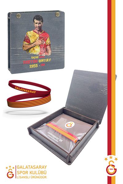 Galatasaray Yellow Red 2-Piece Text Oktay Printed Bracelet - Gift Wooden Box