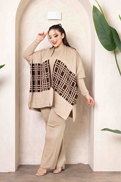 nimet tekstil 3-Piece Poncho Knitwear Suit Women's Suit with Throat and Elastic Waist