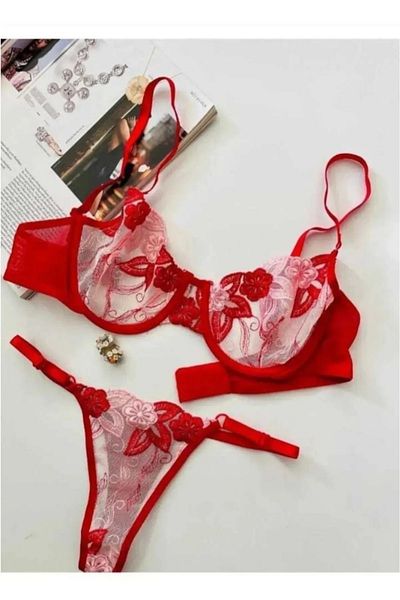 NARIYA Women's Fancy Lace Detailed Bra Panties Underwear Set Costume Nightwear