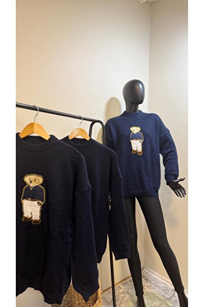 Qu Style LUMİNYA LACİVERT TEDİ AYICIK NAKIŞLI KAZAK