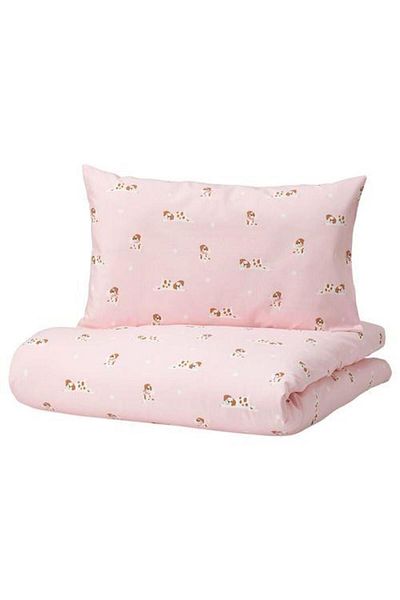 IKEA Double Sided Baby Duvet Cover Set Meridyendukkan Pink Color Dog Theme 110x125/35x55 Cm