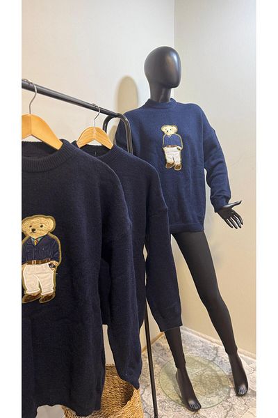 Qu Style Luminya Navy Blue Teddy Bear Embroidered Sweater