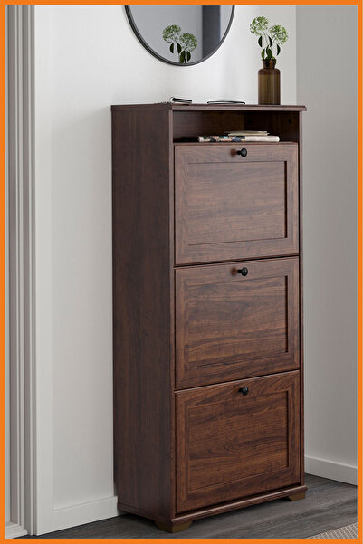 Alony Home Ayakkabı Dolabı Ayaklı 3 Kapaklı Bölmeli Kulplu Ayakkabılık 130x61x30 Cm Kahverengi