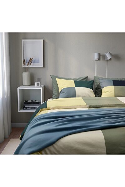 IKEA BRUNKRISSLA set lenjerie de pat de o persoană, verde-multicolor, 150x200/50x60 cm