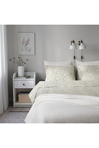 IKEA çift kişilik nevresim seti, beyaz-yeşil, 240x220/50x60 cm