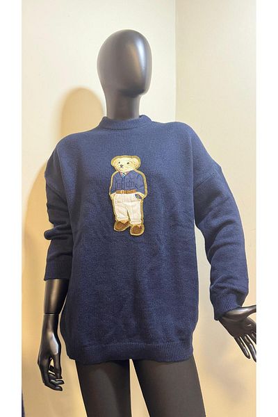 Qu Style Luminya Navy Blue Teddy Bear Embroidered Sweater
