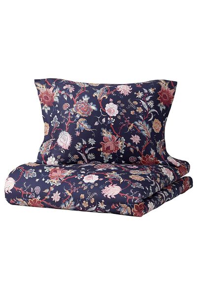 IKEA Комплект двоен плик за завивка, сатенен вид с флорални мотиви 240x220, тъмносин - чаршафи