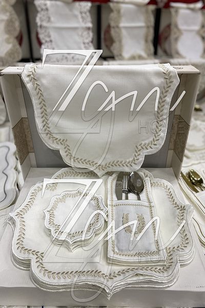 ZGNHome Σετ σερβιτόρου 19 τεμαχίων 6 ατόμων με κεντημένο στεφάνι μπεζ αμερικανικό