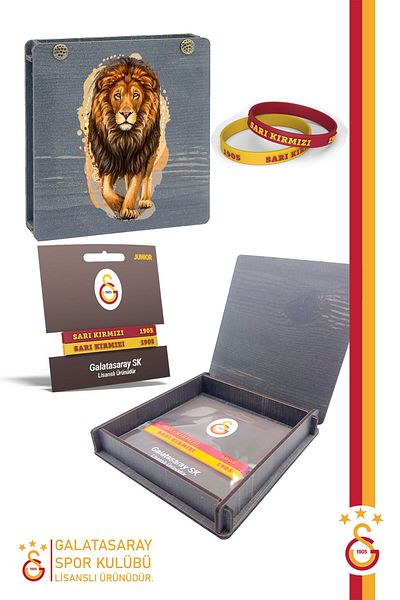 Galatasaray 1905 Model Lion Printed 2-Piece Yellow Red Bracelet Set - Gift Wooden Box