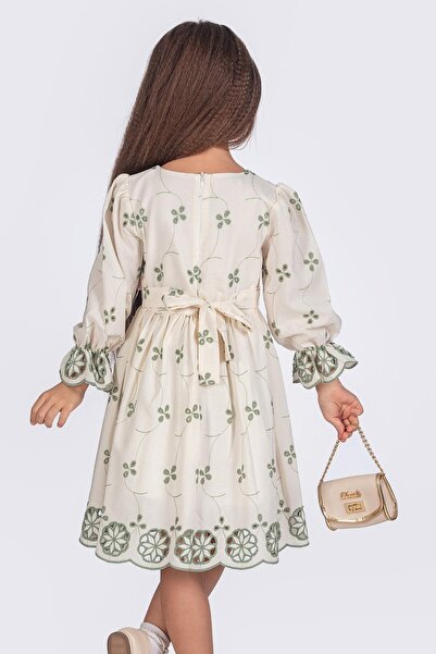 Tivido Φόρεμα για κορίτσια με μακρυμάνικο λουλούδι με υφή Brode - Πράσινο