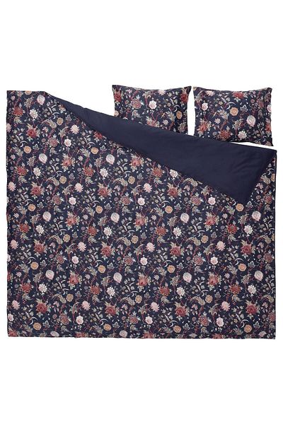 IKEA Комплект двоен плик за завивка, сатенен вид с флорални мотиви 240x220, тъмносин - чаршафи