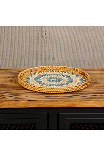 Mylamp أنيتا راتان مؤطر 30 سم. صينية فسيفساء لؤلؤية مصنوعة يدويًا وديكور حائط