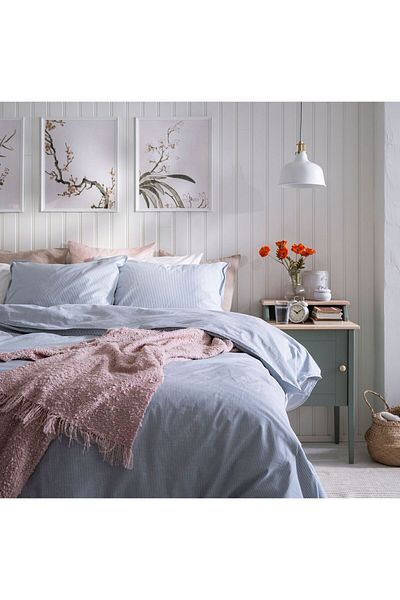 IKEA Комплект двоен калъф за завивка, синьо-райе, 240x220/50x60 см, изработен от мек 100% памук