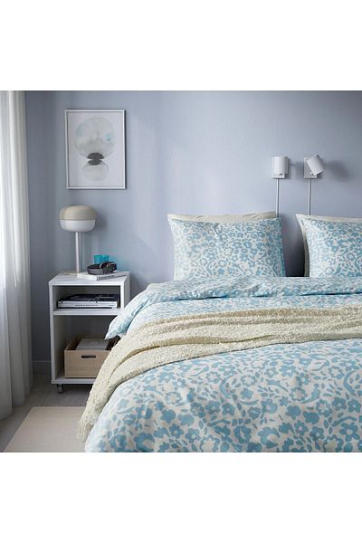 IKEA Set lenjerie de pat CYMBALBLOMMA alb-albastru 150x200/50x60 cm
