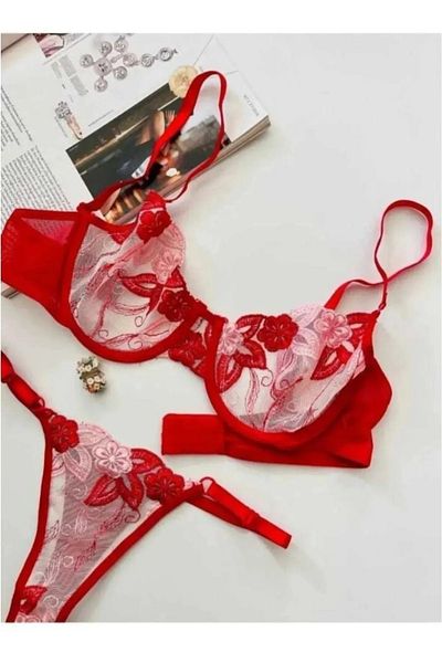 NARIYA Women's Fancy Lace Detailed Bra Panties Underwear Set Costume Nightwear