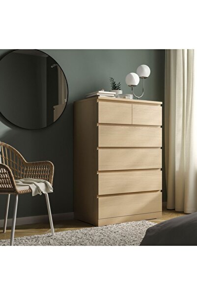 IKEA 6 Çekmeceli şifonyer, ağartılmış meşe kaplama, Genişlik: 80cm Derinlik: 48cm Yükseklik: 123cm