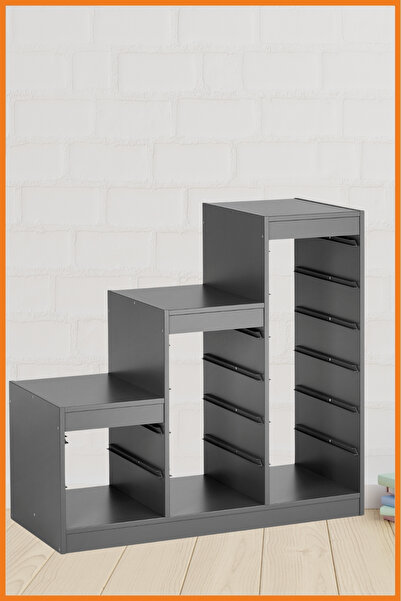 Alony Home Saklama Ünitesi İskeleti Kılavuz Raylı Geometrik Duvara Sabitlenmeli Sunta Oyuncak Eşya 99x95x44 Gri