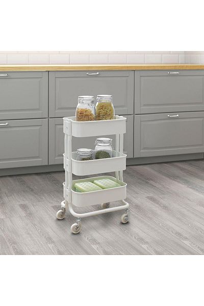 IKEA Cărucior de serviciu alb-oțel 38x28x65 cm Organizator de baie-unitate de rafturi cu roți