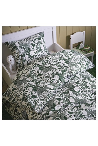 IKEA çocuk nevresim takımı, beyaz-yeşil, 150x200/50x60 cm