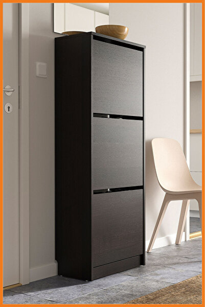 Alony Home Dolap Ayakkabı 3 Kapaklı Çift Bölmeli Raf Duvara Sabitli Sunta Ayakkabılık 49x135x28 Kahverengi
