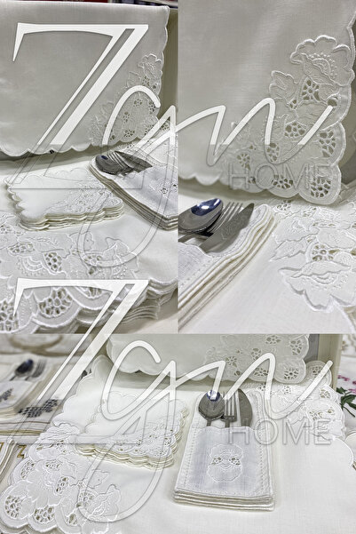ZGNHome 19 Parça 6 Kişilik Nakışlı Dantel Beyaz Amerikan Servis Takımı