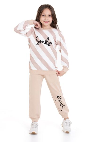 CiciTime Çocuk Modası Girl's Smile Embroidered Winter Striped Raised Tracksuit Set