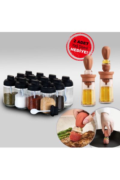 abenim 330 ml Spice Dispenser Set - 12 Pieces Glass Jar with Matte Lids and Self-Spoon (Oil Gift)