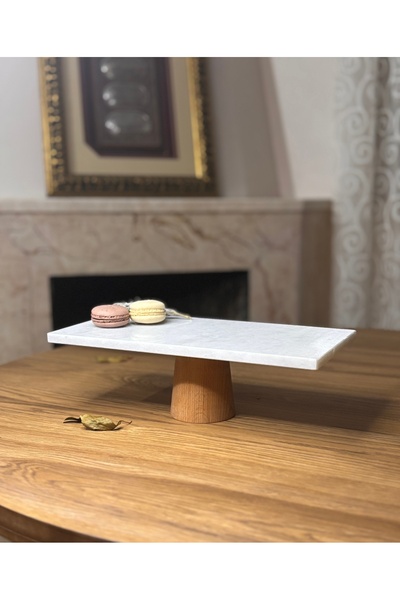 Decology Home Natural Marble Rectangular Presentation Stand, Marble Cake Cake Stand, Wooden Leg Cake Stand