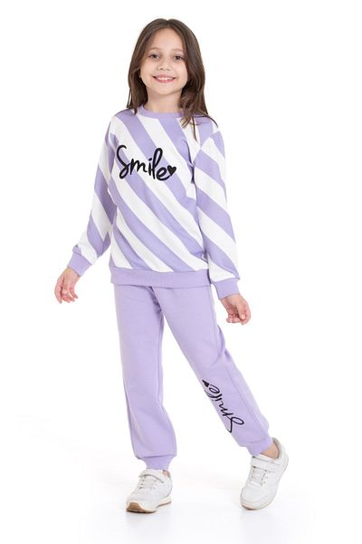 CiciTime Çocuk Modası Girl's Smile Embroidered Winter Striped Raised Tracksuit Set