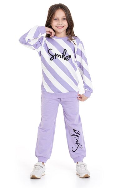 CiciTime Çocuk Modası Girl's Smile Embroidered Winter Striped Raised Tracksuit Set