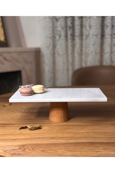 Decology Home Natural Marble Rectangular Presentation Stand, Marble Cake Cake Stand, Wooden Leg Cake Stand
