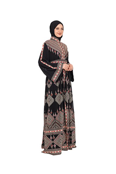 Zaytoon Ajurlu Ispanyol Kollu Dik Yakalı Fermuarlı Nakışlı Geleneksel Kadın Elbise M-3xl C100021