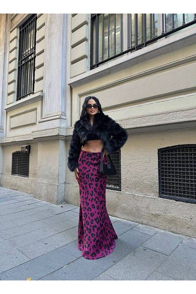 LB Laluna Butik Fusta de damă din satin cu model leopard