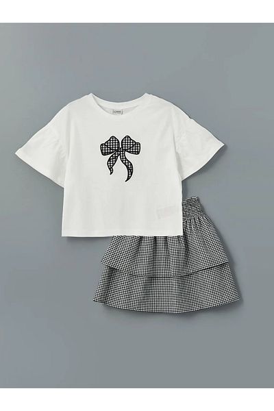 LC Waikiki Lcw Kids Ecru Crew Neck Ribbon Embroidery Girls T-Shirt and Skirt