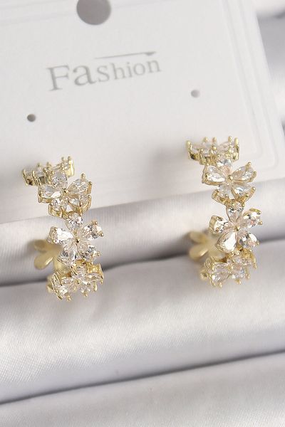 EDALKILIÇ Brass Gold Color Zircon Stone Flower Embroidered Hoop Model Women's Earrings
