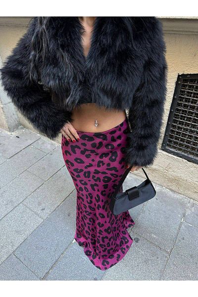 LB Laluna Butik Fusta de damă din satin cu model leopard