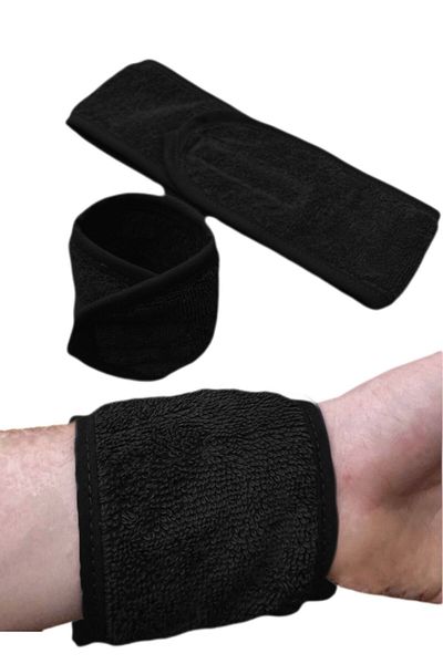 Mokita Home Set of 3 2Pcs Black Water Absorbent Towel Wrist Face Washing Armband Sports Headband & 1Pcs Headband Set
