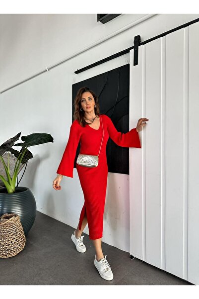 Zerrincan Giyim Kırmızı İspanyol Kol Triko Elbise