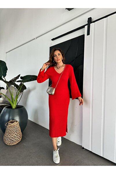 Zerrincan Giyim Kırmızı İspanyol Kol Triko Elbise