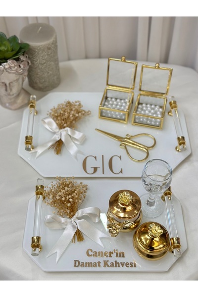 Paparti İncili Isimli Gold Söz Nişan Tepsi Seti Kişiselleştirilmiş Damat Kahv...